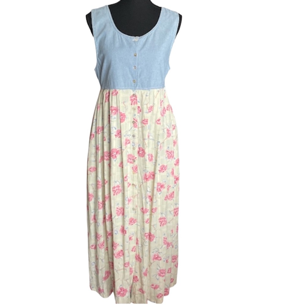 Express Light Blue & Cream Maxi Dress with Pink Floral Skirt